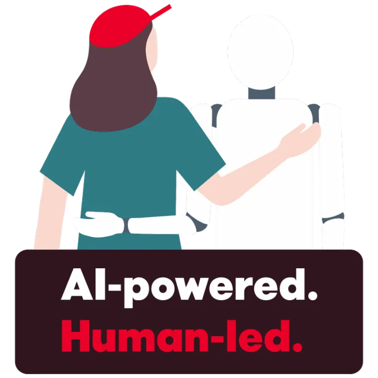 An illustration shows a person putting their arm around a robot in a friendly manner. Below is the text "AI-powered. Human-led.", symbolizing the collaboration between humans and artificial intelligence.