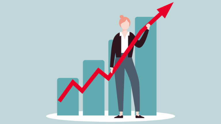 An illustration shows a woman standing in front of a bar graph. She is holding a large red arrow that trends upward across the graph, indicating growth. The woman has light skin and reddish-blonde hair. She is wearing a black blazer, a white blouse, and gray pants. The bars of the graph are teal. The background is black.
